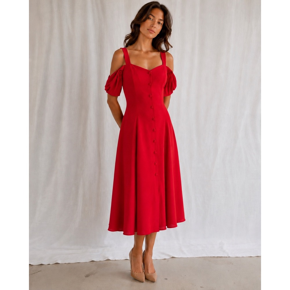 Moda International Red Off Shoulder Button Front Midi Dress Size 8 Vintage 90s